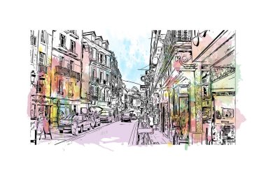Print Building view with landmark of Lourdes is the town in France. Watercolor splash with hand drawn sketch illustration in vector.