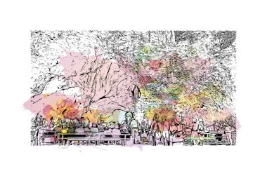 Print Building view with landmark of Lourdes is the town in France. Watercolor splash with hand drawn sketch illustration in vector.