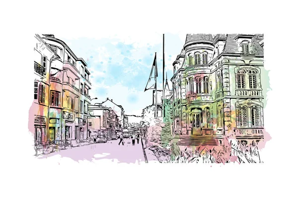Print Building View Landmark Lourdes Town France Watercolor Splash Hand — Vector de stock
