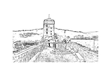 Print Building view with landmark of Lourdes is the town in France. Hand drawn sketch illustration in vector.