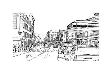 Print Building view with landmark of Lourdes is the town in France. Hand drawn sketch illustration in vector.