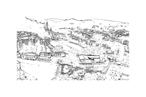 Print Building View Landmark Lourdes Town France Hand Drawn Sketch — стоковый вектор