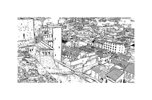 Print Building Vista Com Marco Lourdes Cidade França Desenho Desenhado — Vetor de Stock
