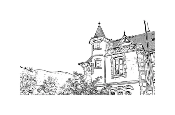Print Building View Landmark Lourdes Város Franciaországban Kézzel Rajzolt Vázlat — Stock Vector