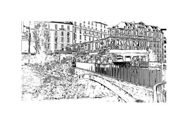 印刷ルルドのランドマークとビルの景色はフランスの町です 手描きのスケッチ図ベクトル — ストックベクタ