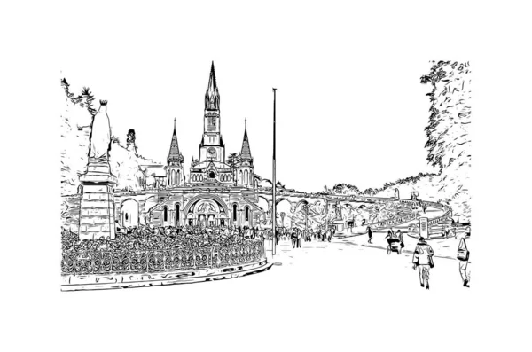Print Building View Landmark Lourdes Town France Hand Drawn Sketch — Stock Vector