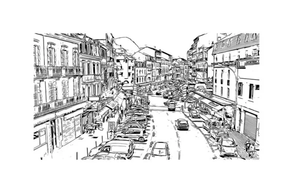 Print Building View Landmark Lourdes Town France Hand Drawn Sketch — 스톡 벡터