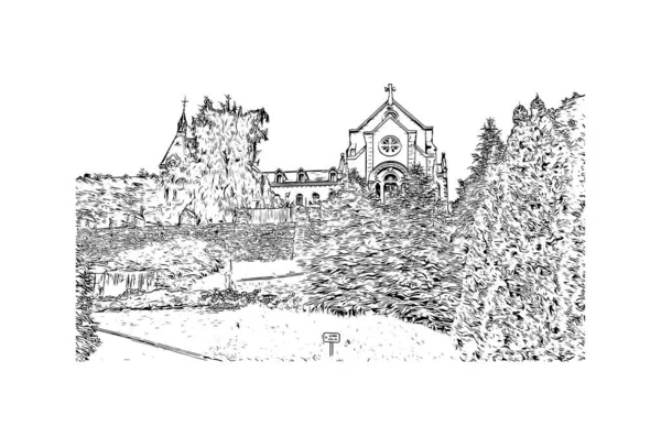 Print Building View Landmark Lourdes Town France Hand Drawn Sketch — Image vectorielle