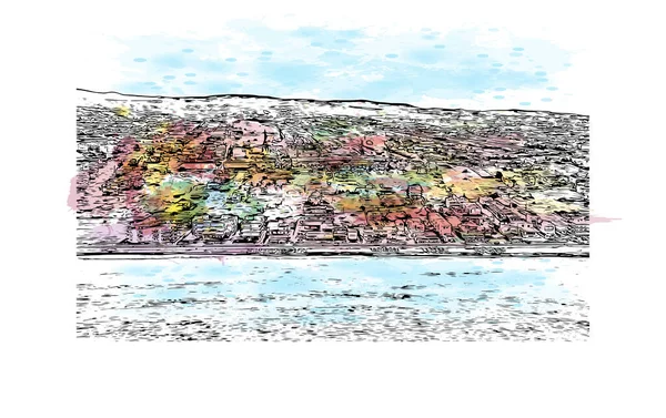 Print Building View Landmark Loutraki Municipality Greece Watercolor Splash Hand — стоковый вектор