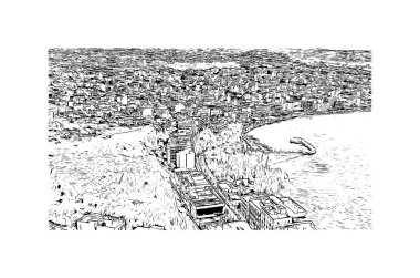 Print Building view with landmark of Loutraki, Yunanistan 'da bir belediye. Vektörde elle çizilmiş çizim çizimi.