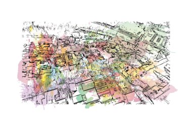 Print Building view with landmark of Louvain la Neuve is a planned village in the municipality of Ottignies. Watercolor splash with hand drawn sketch illustration in vector.
