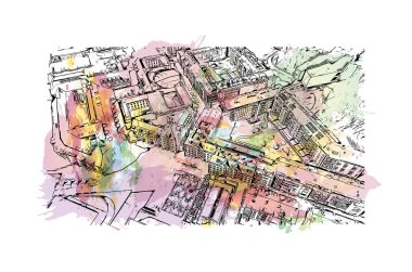 Print Building view with landmark of Louvain la Neuve is a planned village in the municipality of Ottignies. Watercolor splash with hand drawn sketch illustration in vector.