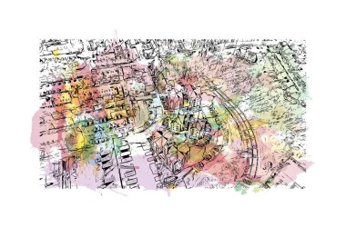 Print Building view with landmark of Louvain la Neuve is a planned village in the municipality of Ottignies. Watercolor splash with hand drawn sketch illustration in vector.