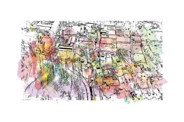Print Building view with landmark of Louvain la Neuve is a planned village in the municipality of Ottignies. Watercolor splash with hand drawn sketch illustration in vector.