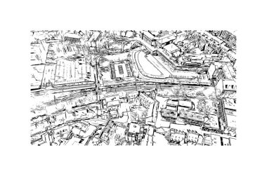 Print Building view with landmark of Louvain la Neuve is a planned village in the municipality of Ottignies. Hand drawn sketch illustration in vector.