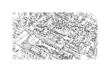Print Building view with landmark of Louvain la Neuve is a planned village in the municipality of Ottignies. Hand drawn sketch illustration in vector.