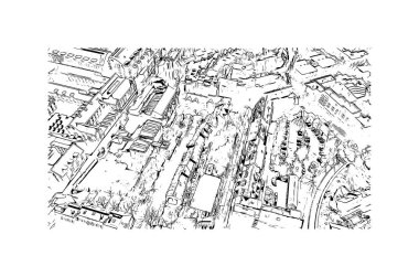 Print Building view with landmark of Louvain la Neuve is a planned village in the municipality of Ottignies. Hand drawn sketch illustration in vector.