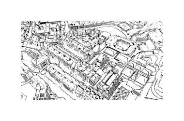 Print Building view with landmark of Louvain la Neuve is a planned village in the municipality of Ottignies. Hand drawn sketch illustration in vector.