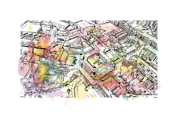 Print Building view with landmark of Louvain la Neuve is a planned village in the municipality of Ottignies. Watercolor splash with hand drawn sketch illustration in vector.