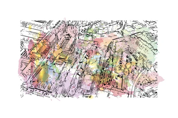 Print Building view with landmark of Louvain la Neuve is a planned village in the municipality of Ottignies. Watercolor splash with hand drawn sketch illustration in vector.