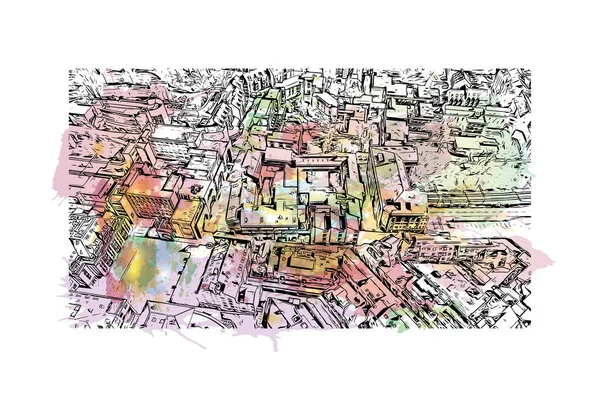 印刷ルーヴァン ヌーヴのランドマークとビルの景色は オティニティの自治体で計画された村です 手描きのスケッチイラストと水彩スプラッシュベクトル — ストックベクタ
