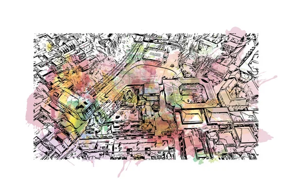 印刷ルーヴァン ヌーヴのランドマークとビルの景色は オティニティの自治体で計画された村です 手描きのスケッチイラストと水彩スプラッシュベクトル — ストックベクタ
