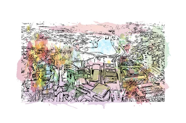 Print Building view with landmark of Louvain la Neuve is a planned village in the municipality of Ottignies. Watercolor splash with hand drawn sketch illustration in vector.