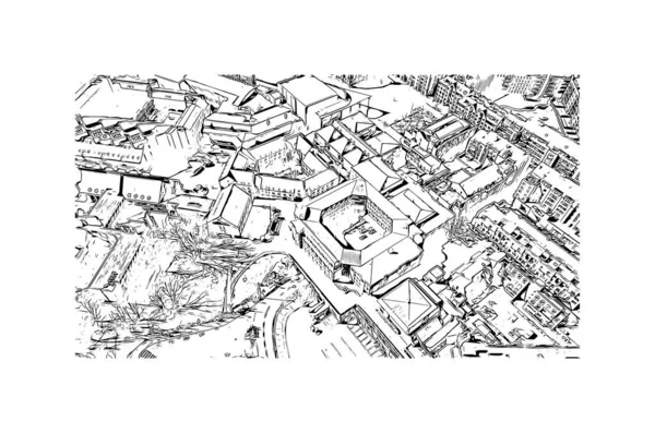 Print Building view with landmark of Louvain la Neuve is a planned village in the municipality of Ottignies. Hand drawn sketch illustration in vector.