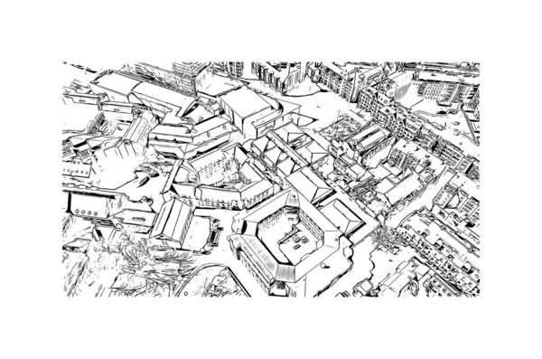 Print Building view with landmark of Louvain la Neuve is a planned village in the municipality of Ottignies. Hand drawn sketch illustration in vector.