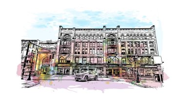 Print Building view with landmark of Lowell is a city in Massachusetts. Watercolor splash with hand drawn sketch illustration in vector.