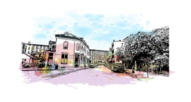 Print Building view with landmark of Lowell is a city in Massachusetts. Watercolor splash with hand drawn sketch illustration in vector.