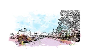 Print Building view with landmark of Lowell is a city in Massachusetts. Watercolor splash with hand drawn sketch illustration in vector.