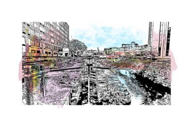Print Building view with landmark of Lowell is a city in Massachusetts. Watercolor splash with hand drawn sketch illustration in vector.