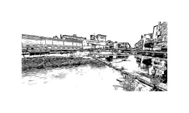 Print Building view with landmark of Lowell is a city in Massachusetts. Hand drawn sketch illustration in vector.