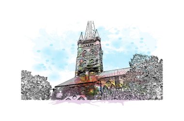 Print Building view with landmark of Lubeck is the city in Germany. Watercolor splash with hand drawn sketch illustration in vector.