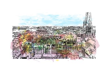 Print Building view with landmark of Lubeck is the city in Germany. Watercolor splash with hand drawn sketch illustration in vector.