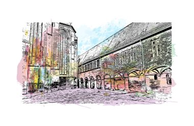 Print Building view with landmark of Lubeck is the city in Germany. Watercolor splash with hand drawn sketch illustration in vector.
