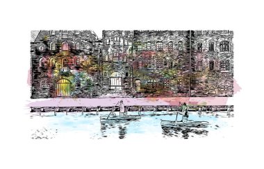 Print Building view with landmark of Lubeck is the city in Germany. Watercolor splash with hand drawn sketch illustration in vector.