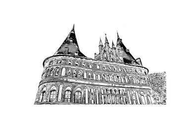 Print Building view with landmark of Lubeck is the city in Germany. Vektörde elle çizilmiş çizim çizimi.