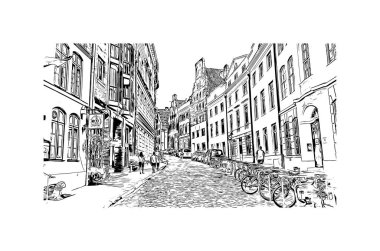Print Building view with landmark of Lubeck is the city in Germany. Hand drawn sketch illustration in vector.