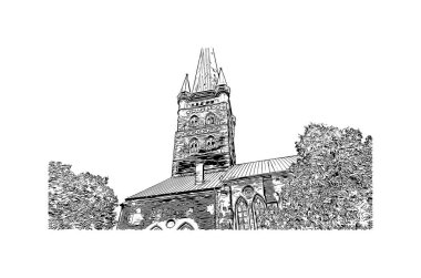 Print Building view with landmark of Lubeck is the city in Germany. Hand drawn sketch illustration in vector.