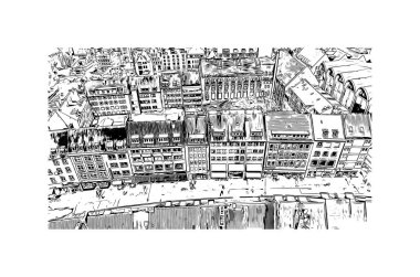 Print Building view with landmark of Lubeck is the city in Germany. Hand drawn sketch illustration in vector.