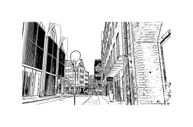 Print Building view with landmark of Lubeck is the city in Germany. Hand drawn sketch illustration in vector.