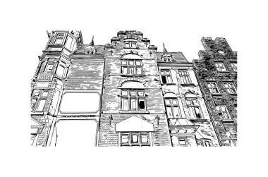 Print Building view with landmark of Lubeck is the city in Germany. Hand drawn sketch illustration in vector.