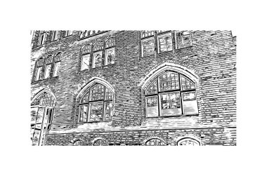 Print Building view with landmark of Lubeck is the city in Germany. Hand drawn sketch illustration in vector.