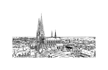Print Building view with landmark of Lubeck is the city in Germany. Hand drawn sketch illustration in vector.