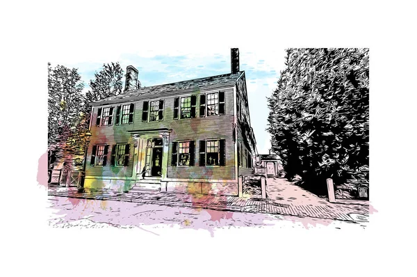 Print Building View Landmark Lowell City Massachusetts Watercolor Splash Hand —  Vetores de Stock
