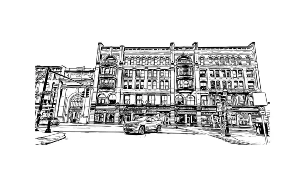 Print Building View Landmark Lowell City Massachusetts Hand Drawn Sketch — Vetor de Stock