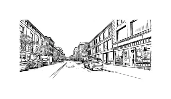 로웰의 랜드마크가 Print Building View 매사추세츠 도시이다 벡터로 손으로 스케치 — 스톡 벡터