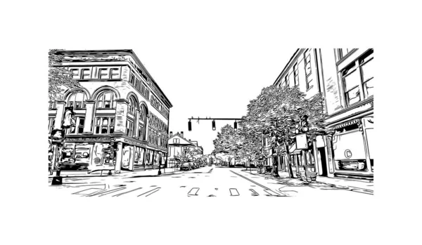 Print Building View Landmark Lowell City Massachusetts Hand Drawn Sketch — Stock vektor